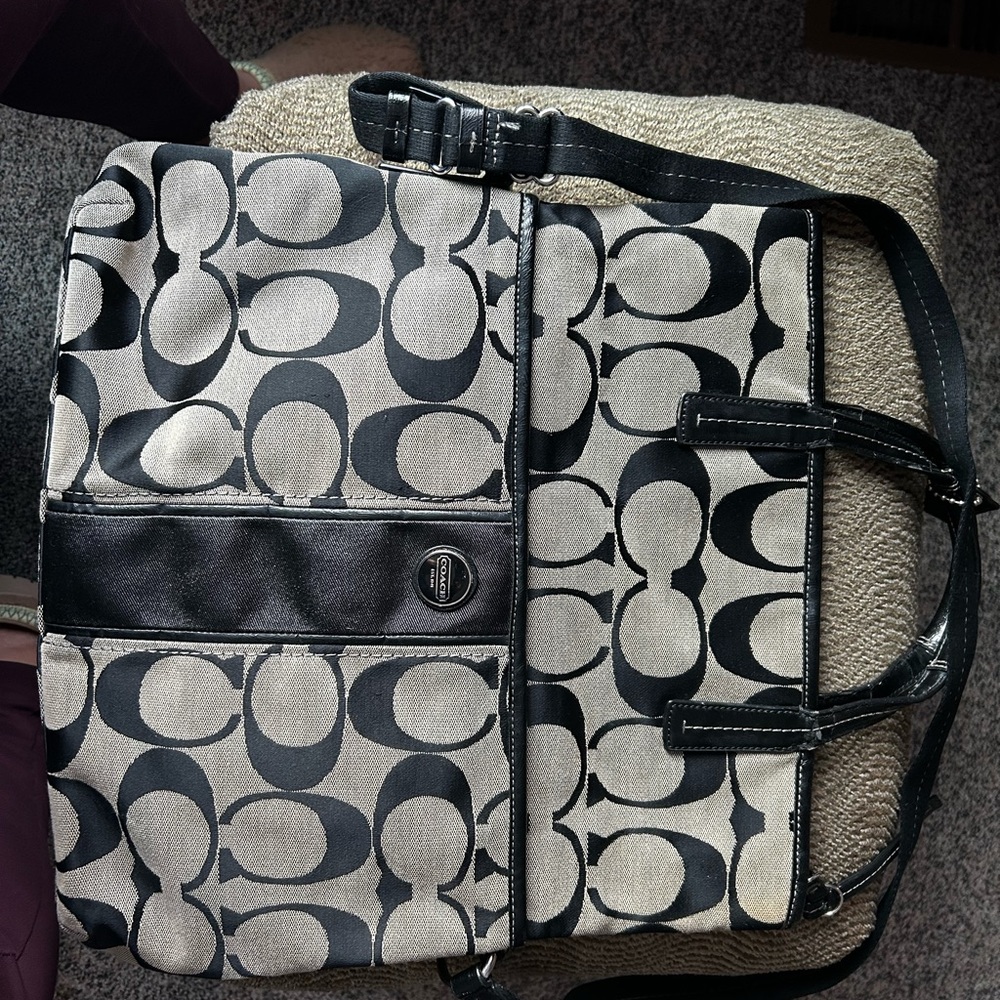 2013 Coach Signature Stripe Foldover Tote in silver and black